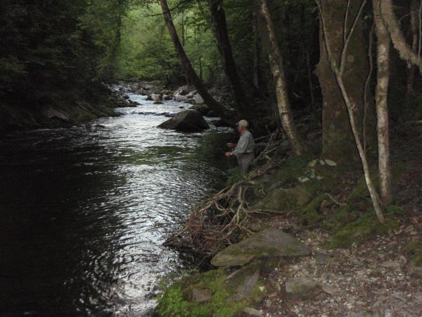 Gary Jones using the last bit of daylight fishing onthe Little River, NC, GSMNP