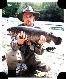 Stocked rainbow caught in May on a #14 polish caddis larva, River Unac, Bosnia. Peter Harsagyi, Hungary